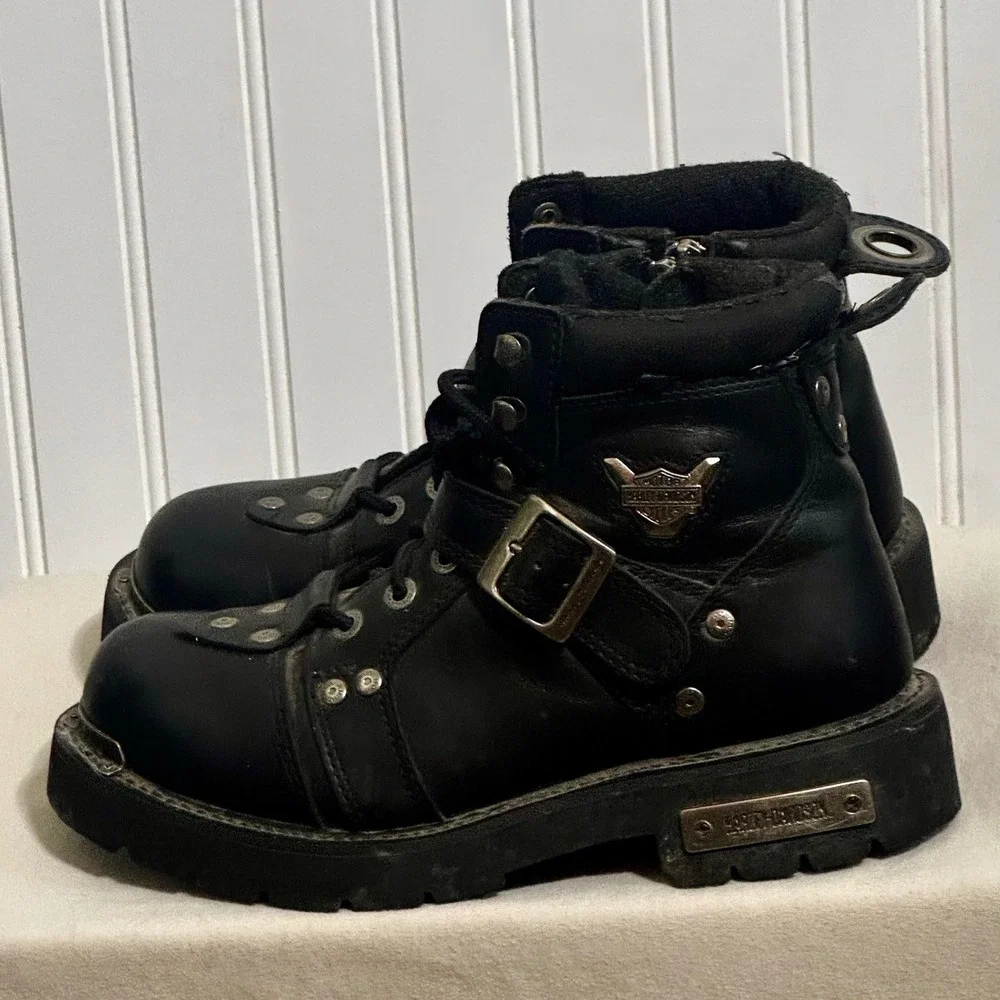 Harley Davidson Mens 8.5 Moto Biker Boots Black Leather Chunky Y2K Grunge